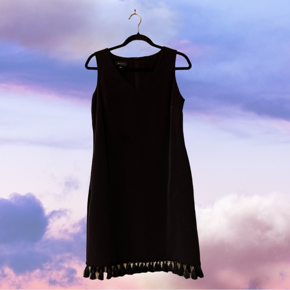 AB Studio Black Sleeveless V-Neck Shift Dress w/Tassels at Hem - Picture 13 of 13